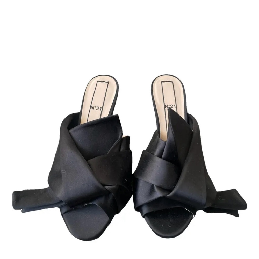 No. 21 Black Satin Mules/Slides/Sandals with Bow Detail